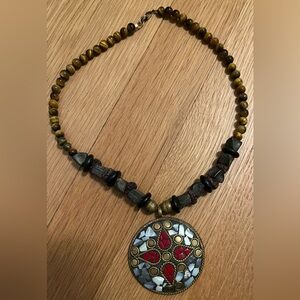 Vintage 70s Bohemian Beaded Necklace with Mosaic Pendant